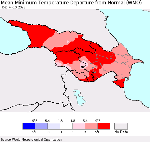 Azerbaijan, Armenia and Georgia Mean Minimum Temperature Departure from Normal (WMO) Thematic Map For 12/4/2023 - 12/10/2023