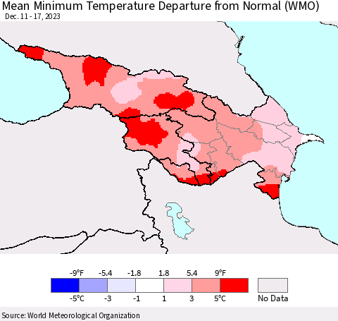 Azerbaijan, Armenia and Georgia Mean Minimum Temperature Departure from Normal (WMO) Thematic Map For 12/11/2023 - 12/17/2023