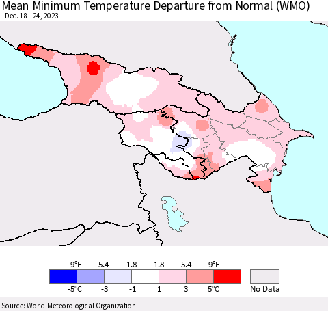 Azerbaijan, Armenia and Georgia Mean Minimum Temperature Departure from Normal (WMO) Thematic Map For 12/18/2023 - 12/24/2023