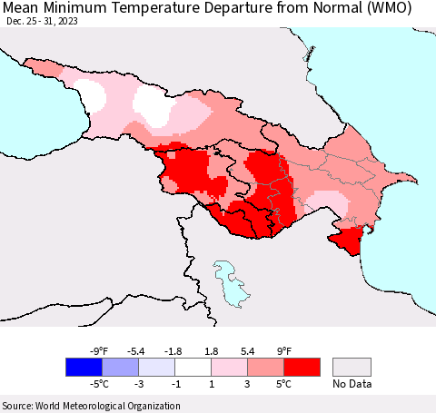 Azerbaijan, Armenia and Georgia Mean Minimum Temperature Departure from Normal (WMO) Thematic Map For 12/25/2023 - 12/31/2023