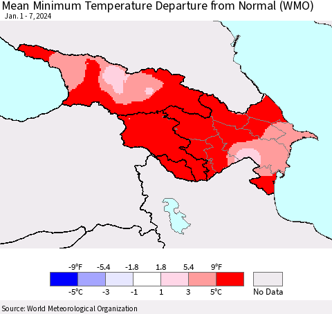 Azerbaijan, Armenia and Georgia Mean Minimum Temperature Departure from Normal (WMO) Thematic Map For 1/1/2024 - 1/7/2024