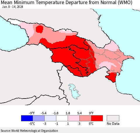 Azerbaijan, Armenia and Georgia Mean Minimum Temperature Departure from Normal (WMO) Thematic Map For 1/8/2024 - 1/14/2024