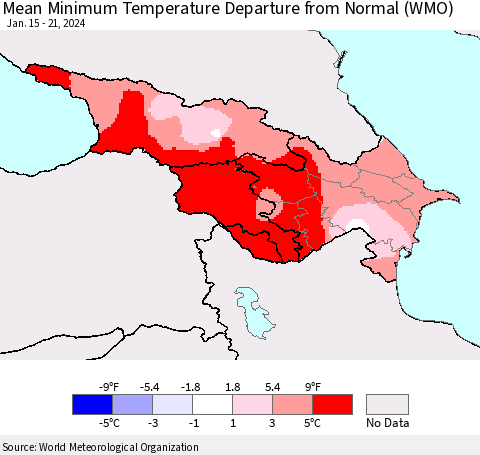 Azerbaijan, Armenia and Georgia Mean Minimum Temperature Departure from Normal (WMO) Thematic Map For 1/15/2024 - 1/21/2024