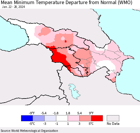 Azerbaijan, Armenia and Georgia Mean Minimum Temperature Departure from Normal (WMO) Thematic Map For 1/22/2024 - 1/28/2024