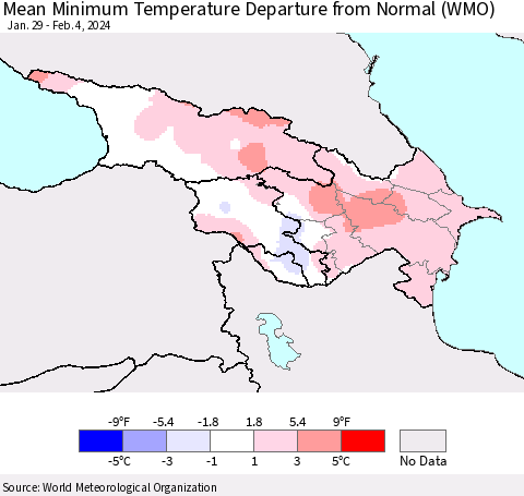 Azerbaijan, Armenia and Georgia Mean Minimum Temperature Departure from Normal (WMO) Thematic Map For 1/29/2024 - 2/4/2024
