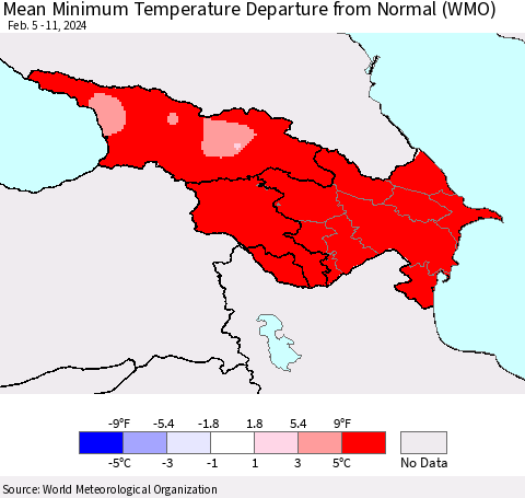 Azerbaijan, Armenia and Georgia Mean Minimum Temperature Departure from Normal (WMO) Thematic Map For 2/5/2024 - 2/11/2024