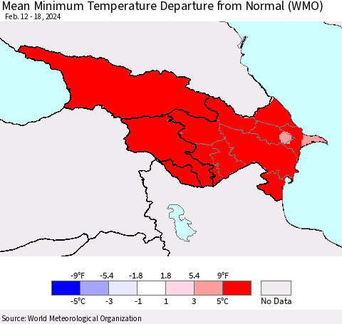 Azerbaijan, Armenia and Georgia Mean Minimum Temperature Departure from Normal (WMO) Thematic Map For 2/12/2024 - 2/18/2024
