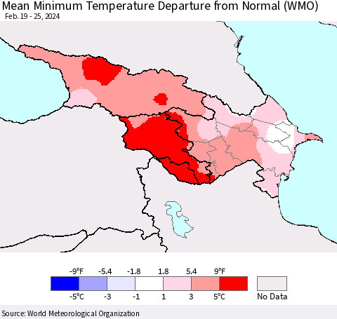 Azerbaijan, Armenia and Georgia Mean Minimum Temperature Departure from Normal (WMO) Thematic Map For 2/19/2024 - 2/25/2024