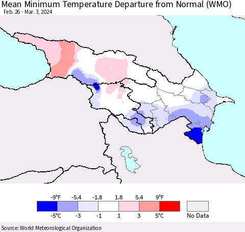 Azerbaijan, Armenia and Georgia Mean Minimum Temperature Departure from Normal (WMO) Thematic Map For 2/26/2024 - 3/3/2024