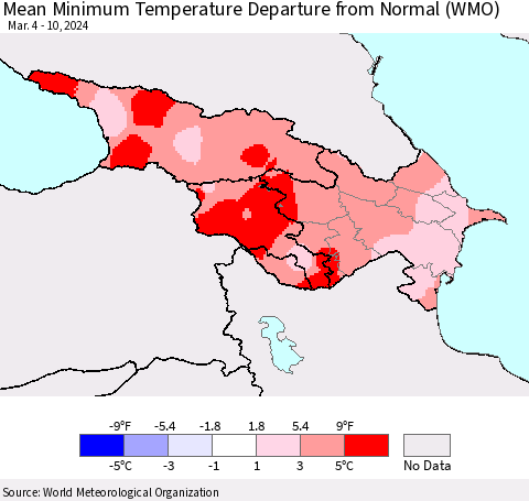 Azerbaijan, Armenia and Georgia Mean Minimum Temperature Departure from Normal (WMO) Thematic Map For 3/4/2024 - 3/10/2024