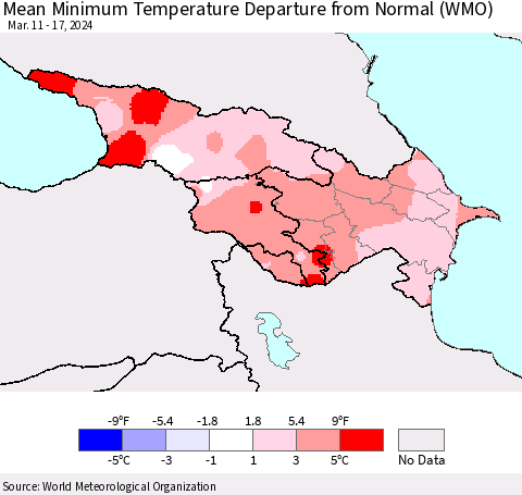 Azerbaijan, Armenia and Georgia Mean Minimum Temperature Departure from Normal (WMO) Thematic Map For 3/11/2024 - 3/17/2024