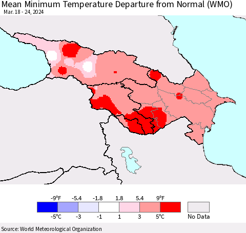 Azerbaijan, Armenia and Georgia Mean Minimum Temperature Departure from Normal (WMO) Thematic Map For 3/18/2024 - 3/24/2024