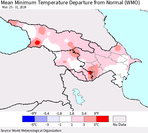 Azerbaijan, Armenia and Georgia Mean Minimum Temperature Departure from Normal (WMO) Thematic Map For 3/25/2024 - 3/31/2024