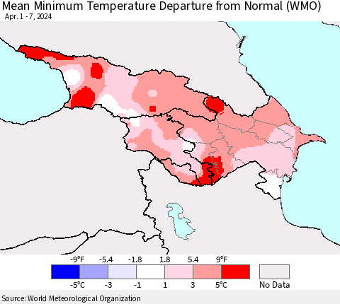 Azerbaijan, Armenia and Georgia Mean Minimum Temperature Departure from Normal (WMO) Thematic Map For 4/1/2024 - 4/7/2024