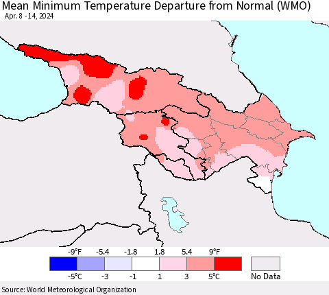 Azerbaijan, Armenia and Georgia Mean Minimum Temperature Departure from Normal (WMO) Thematic Map For 4/8/2024 - 4/14/2024