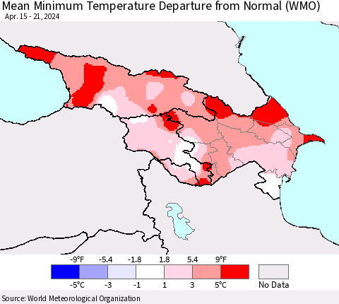 Azerbaijan, Armenia and Georgia Mean Minimum Temperature Departure from Normal (WMO) Thematic Map For 4/15/2024 - 4/21/2024