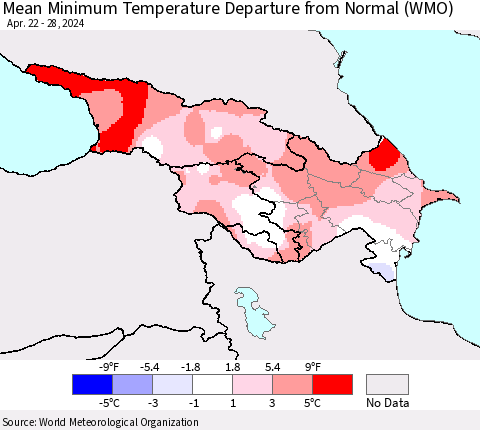 Azerbaijan, Armenia and Georgia Mean Minimum Temperature Departure from Normal (WMO) Thematic Map For 4/22/2024 - 4/28/2024