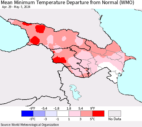 Azerbaijan, Armenia and Georgia Mean Minimum Temperature Departure from Normal (WMO) Thematic Map For 4/29/2024 - 5/5/2024