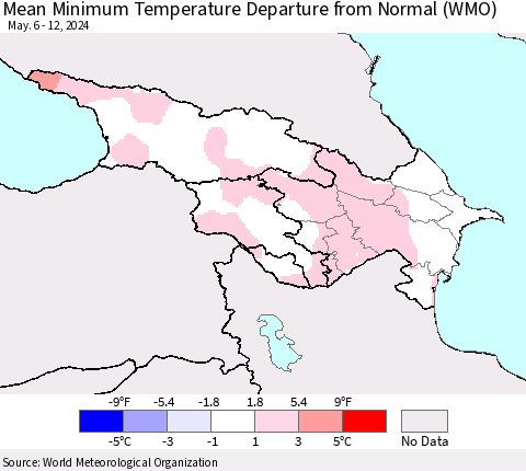 Azerbaijan, Armenia and Georgia Mean Minimum Temperature Departure from Normal (WMO) Thematic Map For 5/6/2024 - 5/12/2024