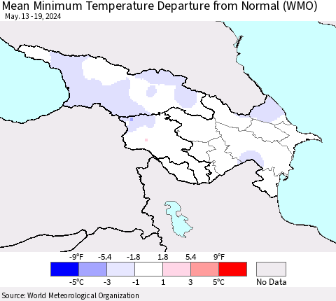 Azerbaijan, Armenia and Georgia Mean Minimum Temperature Departure from Normal (WMO) Thematic Map For 5/13/2024 - 5/19/2024