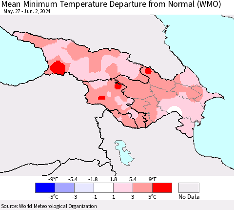 Azerbaijan, Armenia and Georgia Mean Minimum Temperature Departure from Normal (WMO) Thematic Map For 5/27/2024 - 6/2/2024