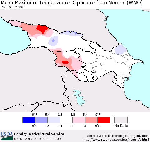 Azerbaijan, Armenia and Georgia Mean Maximum Temperature Departure from Normal (WMO) Thematic Map For 9/6/2021 - 9/12/2021