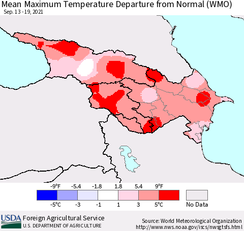 Azerbaijan, Armenia and Georgia Mean Maximum Temperature Departure from Normal (WMO) Thematic Map For 9/13/2021 - 9/19/2021
