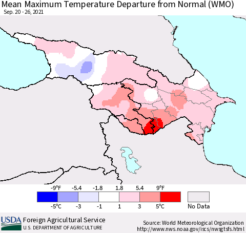 Azerbaijan, Armenia and Georgia Mean Maximum Temperature Departure from Normal (WMO) Thematic Map For 9/20/2021 - 9/26/2021