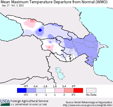 Azerbaijan, Armenia and Georgia Mean Maximum Temperature Departure from Normal (WMO) Thematic Map For 9/27/2021 - 10/3/2021