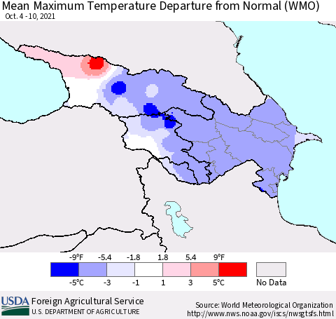 Azerbaijan, Armenia and Georgia Mean Maximum Temperature Departure from Normal (WMO) Thematic Map For 10/4/2021 - 10/10/2021