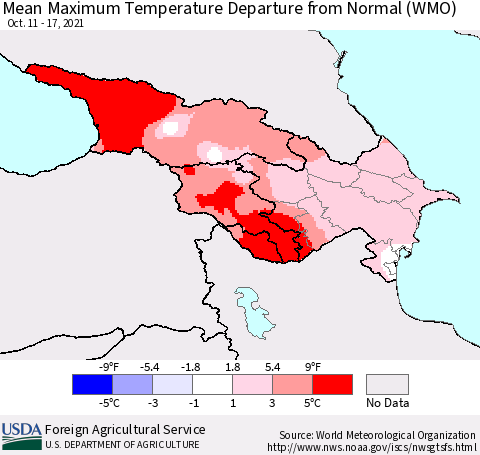 Azerbaijan, Armenia and Georgia Mean Maximum Temperature Departure from Normal (WMO) Thematic Map For 10/11/2021 - 10/17/2021