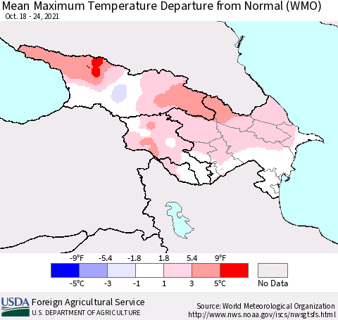 Azerbaijan, Armenia and Georgia Mean Maximum Temperature Departure from Normal (WMO) Thematic Map For 10/18/2021 - 10/24/2021