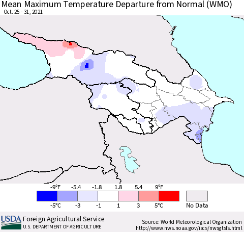 Azerbaijan, Armenia and Georgia Mean Maximum Temperature Departure from Normal (WMO) Thematic Map For 10/25/2021 - 10/31/2021
