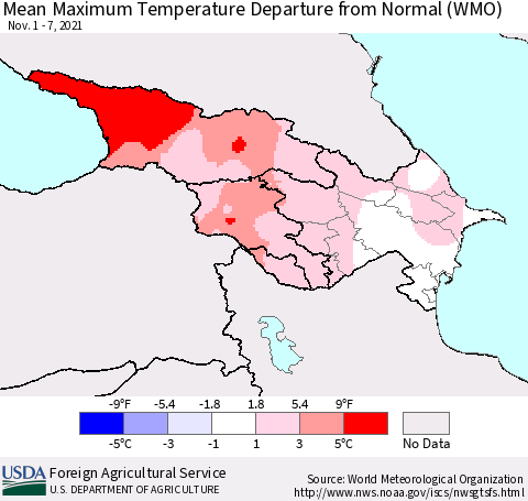 Azerbaijan, Armenia and Georgia Mean Maximum Temperature Departure from Normal (WMO) Thematic Map For 11/1/2021 - 11/7/2021