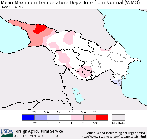 Azerbaijan, Armenia and Georgia Mean Maximum Temperature Departure from Normal (WMO) Thematic Map For 11/8/2021 - 11/14/2021