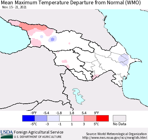 Azerbaijan, Armenia and Georgia Mean Maximum Temperature Departure from Normal (WMO) Thematic Map For 11/15/2021 - 11/21/2021