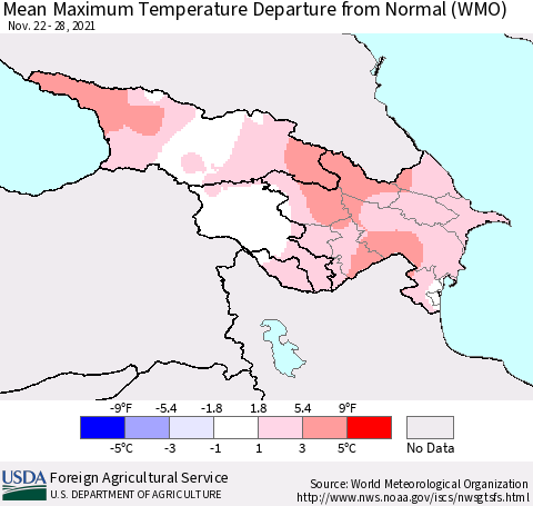 Azerbaijan, Armenia and Georgia Mean Maximum Temperature Departure from Normal (WMO) Thematic Map For 11/22/2021 - 11/28/2021