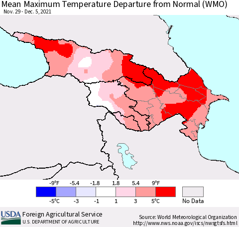Azerbaijan, Armenia and Georgia Mean Maximum Temperature Departure from Normal (WMO) Thematic Map For 11/29/2021 - 12/5/2021