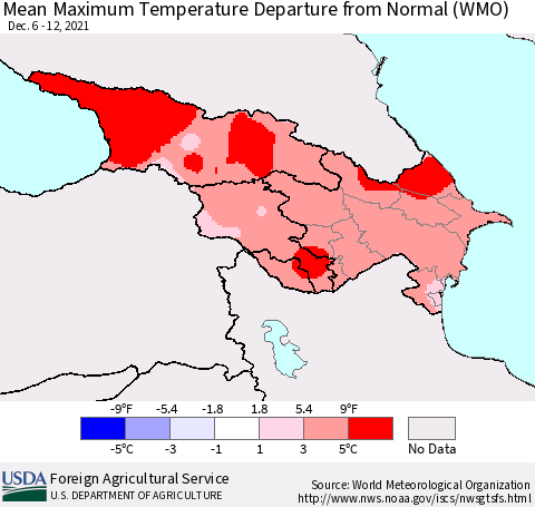 Azerbaijan, Armenia and Georgia Mean Maximum Temperature Departure from Normal (WMO) Thematic Map For 12/6/2021 - 12/12/2021