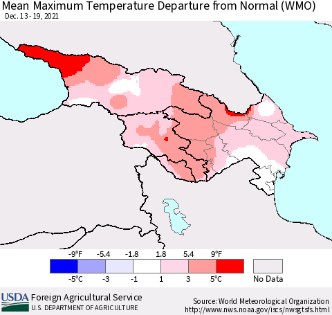 Azerbaijan, Armenia and Georgia Mean Maximum Temperature Departure from Normal (WMO) Thematic Map For 12/13/2021 - 12/19/2021