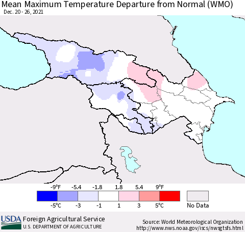 Azerbaijan, Armenia and Georgia Mean Maximum Temperature Departure from Normal (WMO) Thematic Map For 12/20/2021 - 12/26/2021