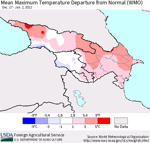 Azerbaijan, Armenia and Georgia Mean Maximum Temperature Departure from Normal (WMO) Thematic Map For 12/27/2021 - 1/2/2022