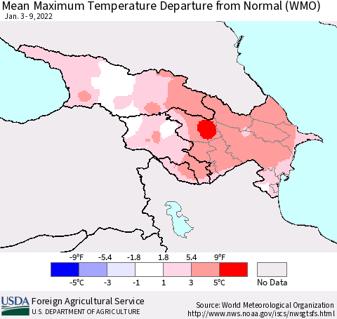 Azerbaijan, Armenia and Georgia Mean Maximum Temperature Departure from Normal (WMO) Thematic Map For 1/3/2022 - 1/9/2022