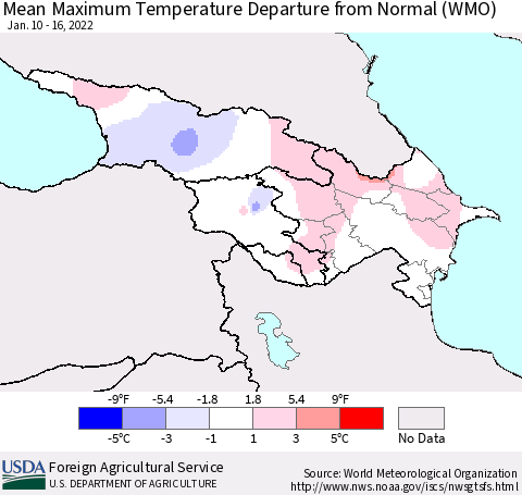 Azerbaijan, Armenia and Georgia Mean Maximum Temperature Departure from Normal (WMO) Thematic Map For 1/10/2022 - 1/16/2022