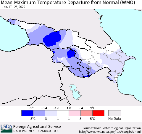 Azerbaijan, Armenia and Georgia Mean Maximum Temperature Departure from Normal (WMO) Thematic Map For 1/17/2022 - 1/23/2022