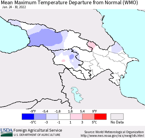 Azerbaijan, Armenia and Georgia Mean Maximum Temperature Departure from Normal (WMO) Thematic Map For 1/24/2022 - 1/30/2022