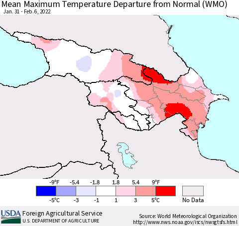 Azerbaijan, Armenia and Georgia Mean Maximum Temperature Departure from Normal (WMO) Thematic Map For 1/31/2022 - 2/6/2022