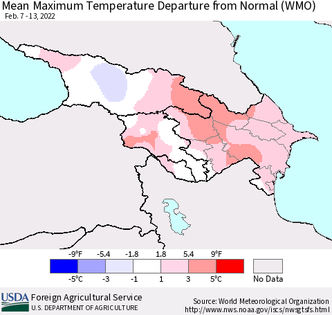 Azerbaijan, Armenia and Georgia Mean Maximum Temperature Departure from Normal (WMO) Thematic Map For 2/7/2022 - 2/13/2022