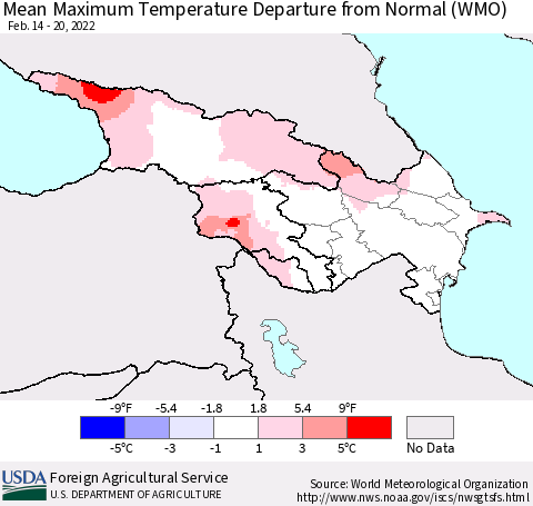 Azerbaijan, Armenia and Georgia Mean Maximum Temperature Departure from Normal (WMO) Thematic Map For 2/14/2022 - 2/20/2022