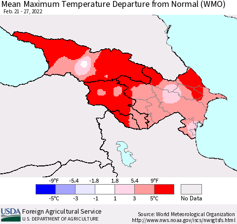 Azerbaijan, Armenia and Georgia Mean Maximum Temperature Departure from Normal (WMO) Thematic Map For 2/21/2022 - 2/27/2022